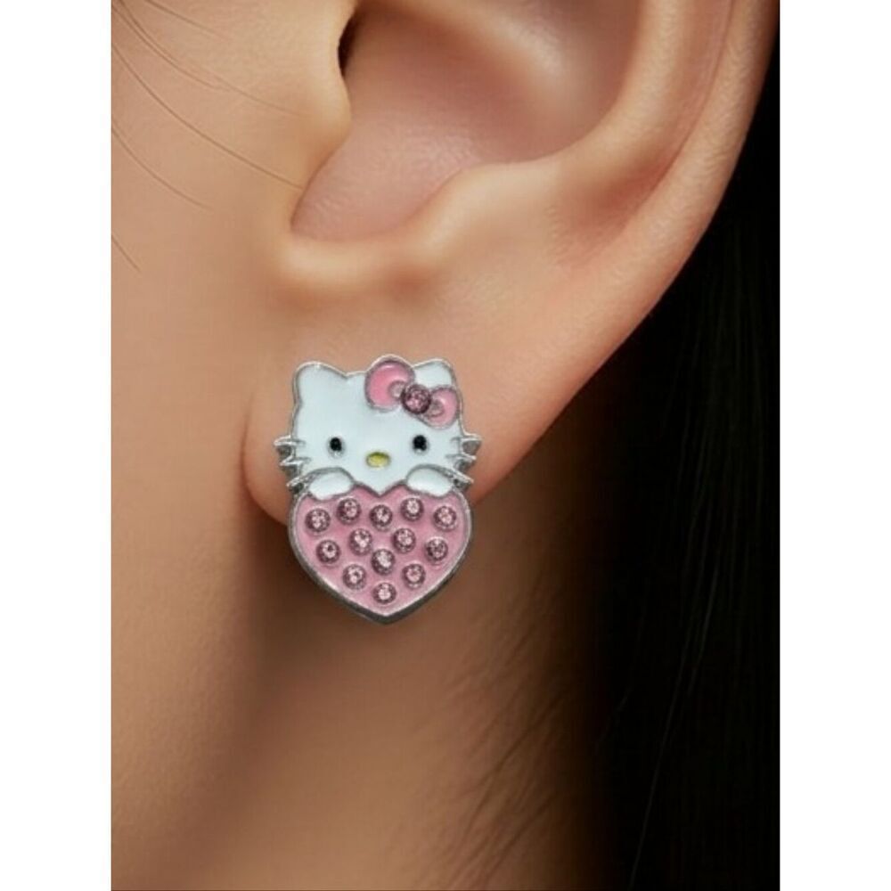 Hello Kitty Earrings Pink Rhinestone Enamel Heart Pierced Ears Cat Studs Jewelry